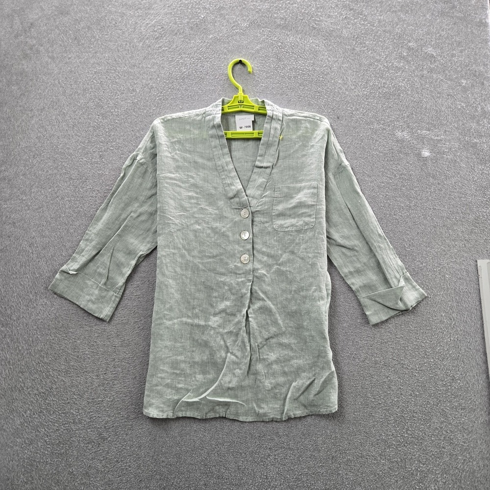 J Jill Women Blouse XS Green Linen Button Pure Jill V-Neck Front Coastal Beachy